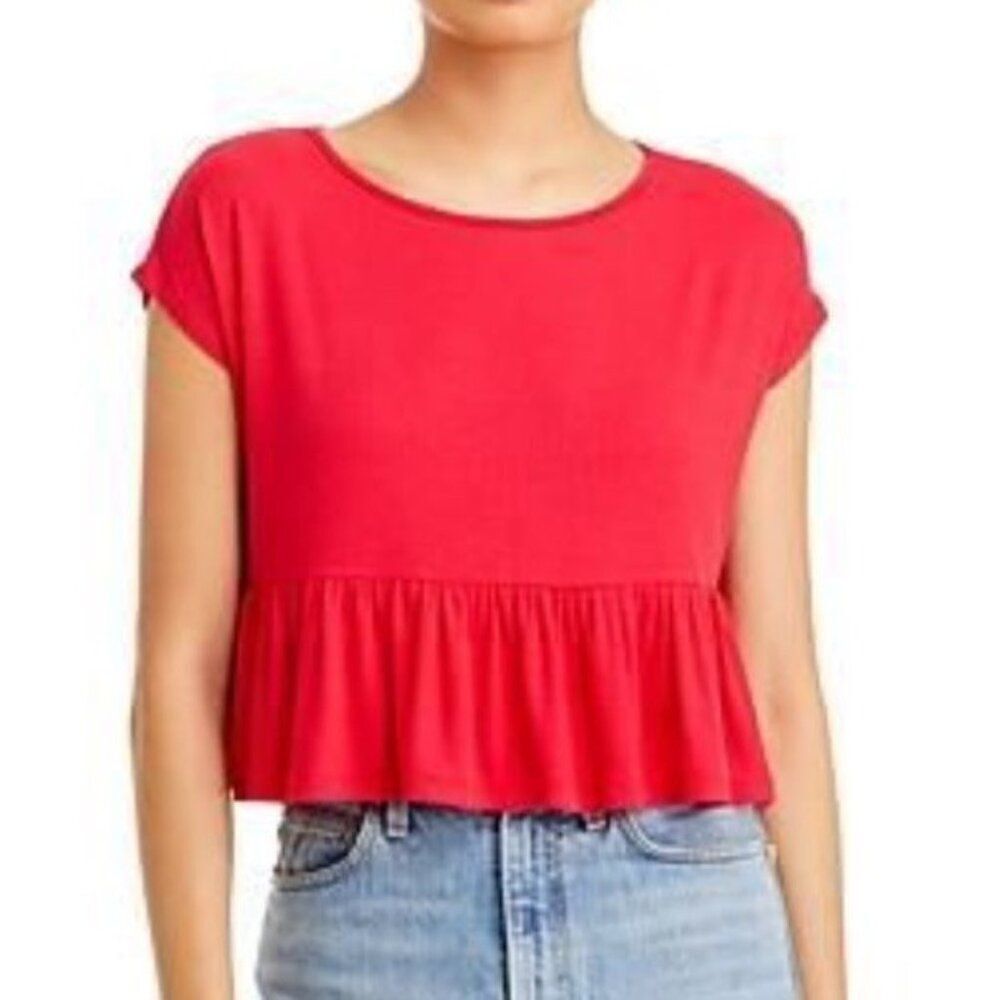 Aqua Womens Medium Ruffled Hem Ribbed Short Crop Top Shirt Red Strawberry NWT